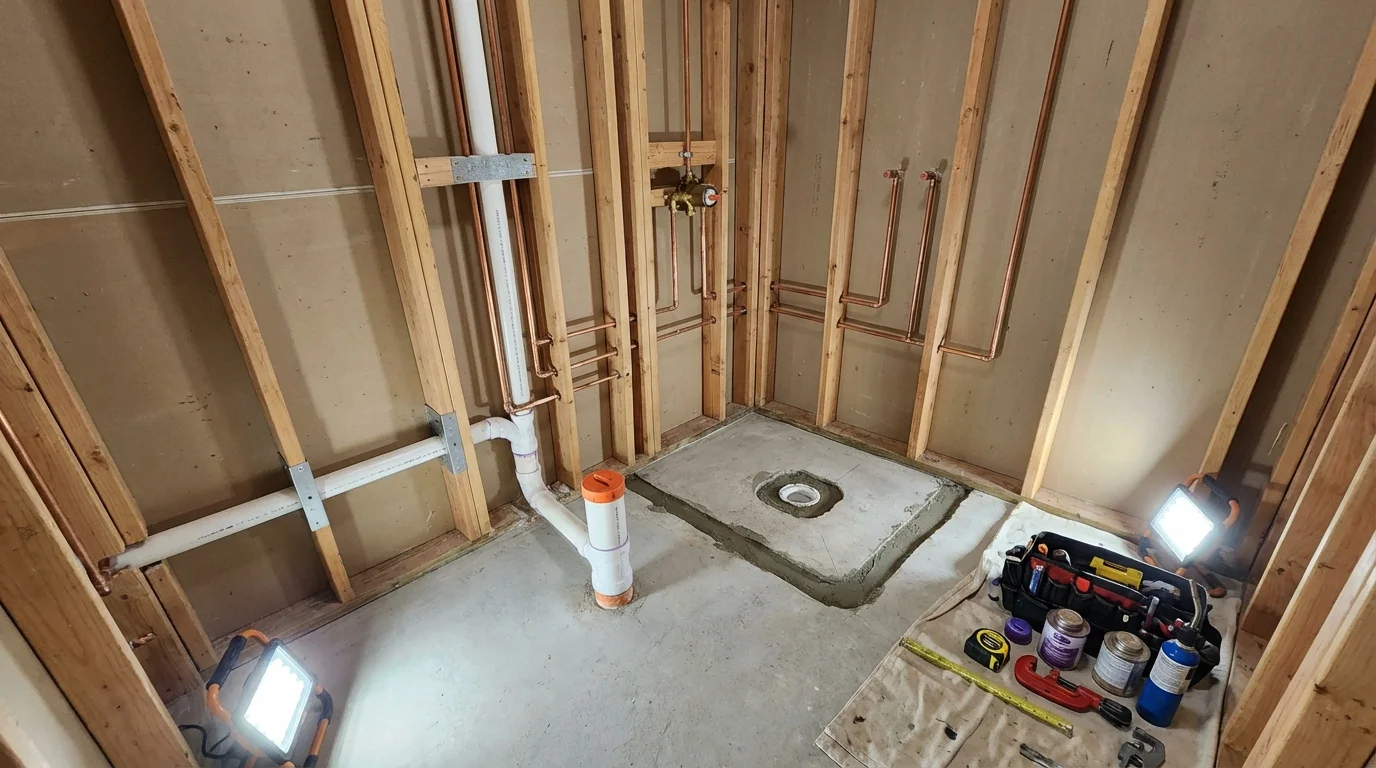 Bathroom rough-in plumbing during remodel by Johns Plumbing LLC in Bluff City