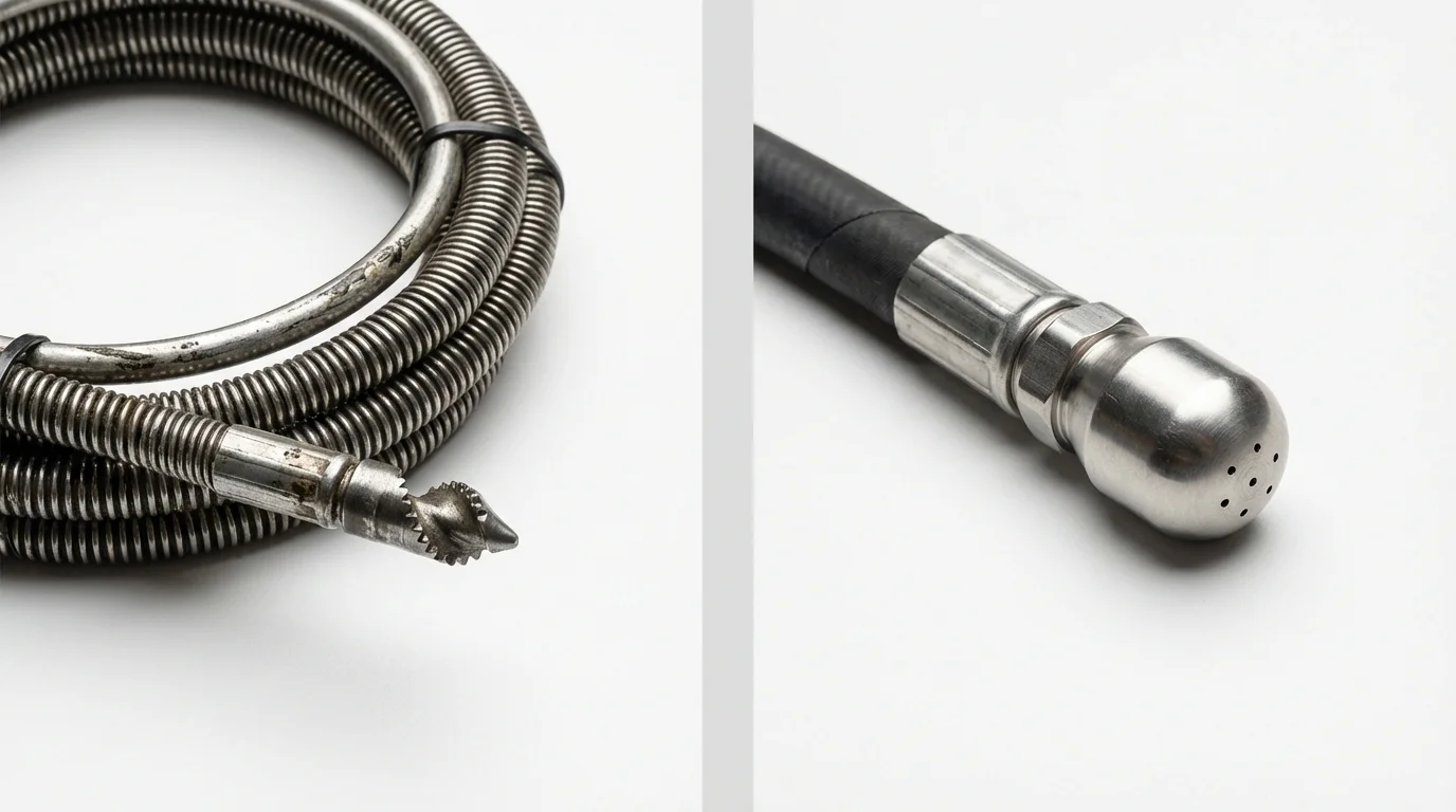 Drain snake cable and hydro jetting nozzle used for drain cleaning in Bluff City, TN