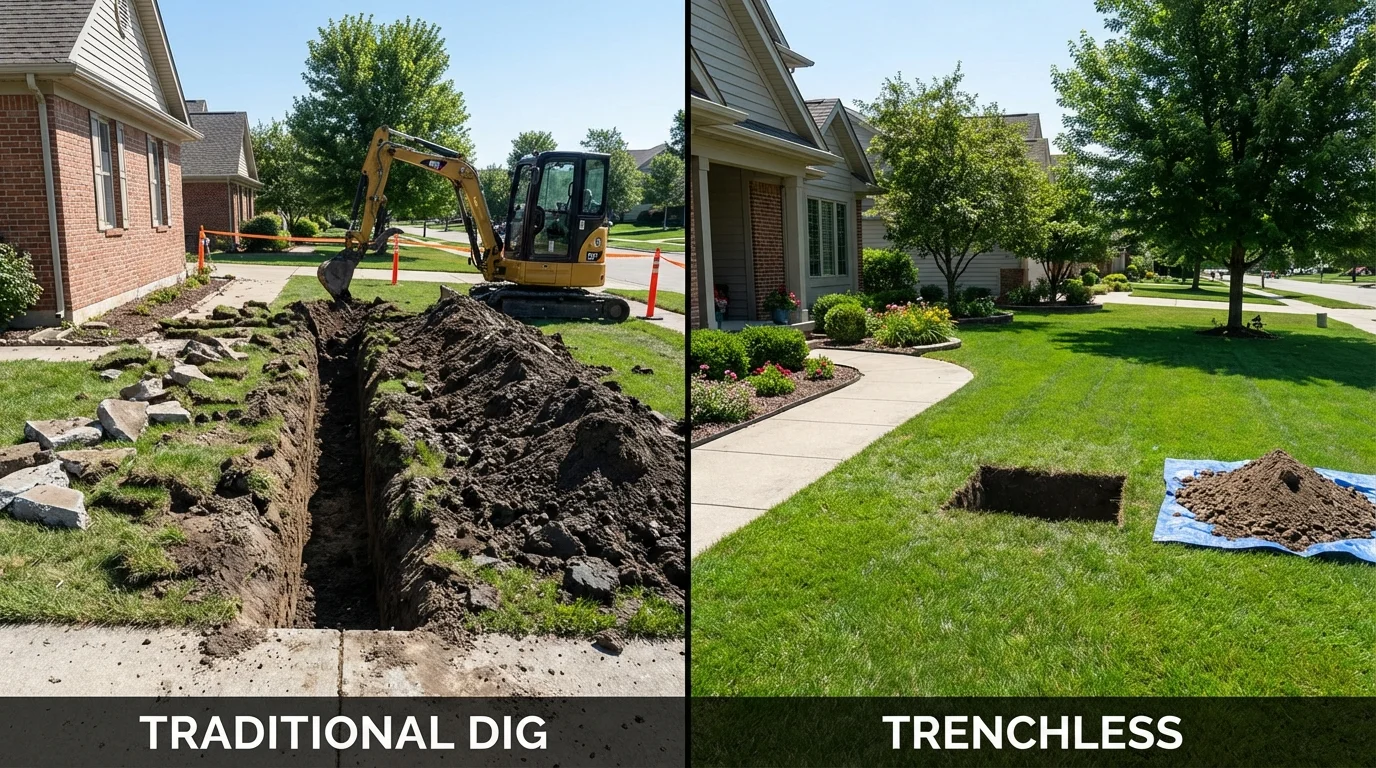 Trenchless sewer repair with minimal yard damage versus traditional excavation in Bluff City, TN