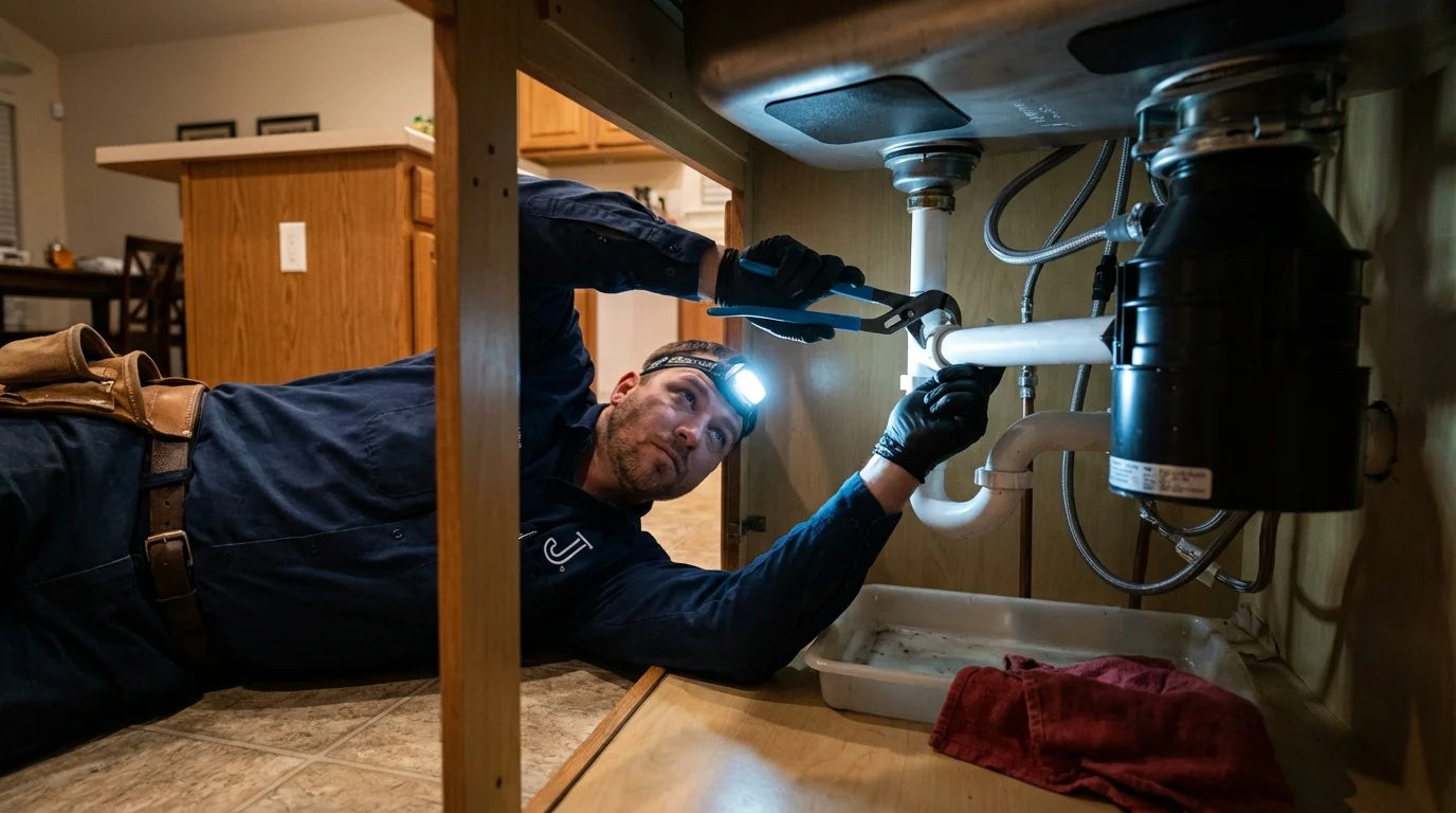 P-trap and supply line connections under a kitchen sink showing a common leak point in Bluff City, TN